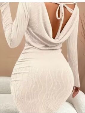 Open-Back Long Sleeve Cream Bodycon Dress